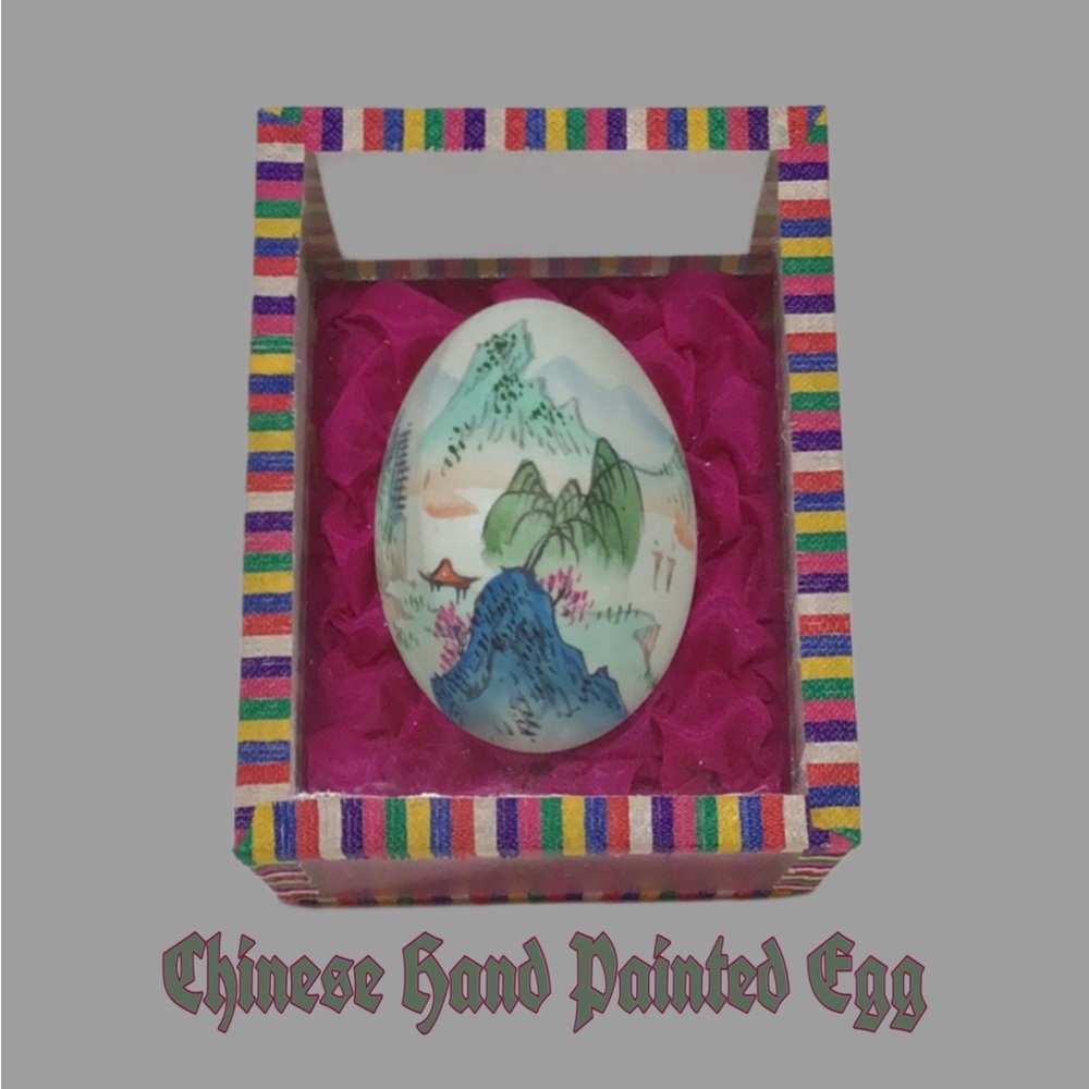 CHINESE Hand-Painted Landscape Decorated Egg Encased in Glass Box